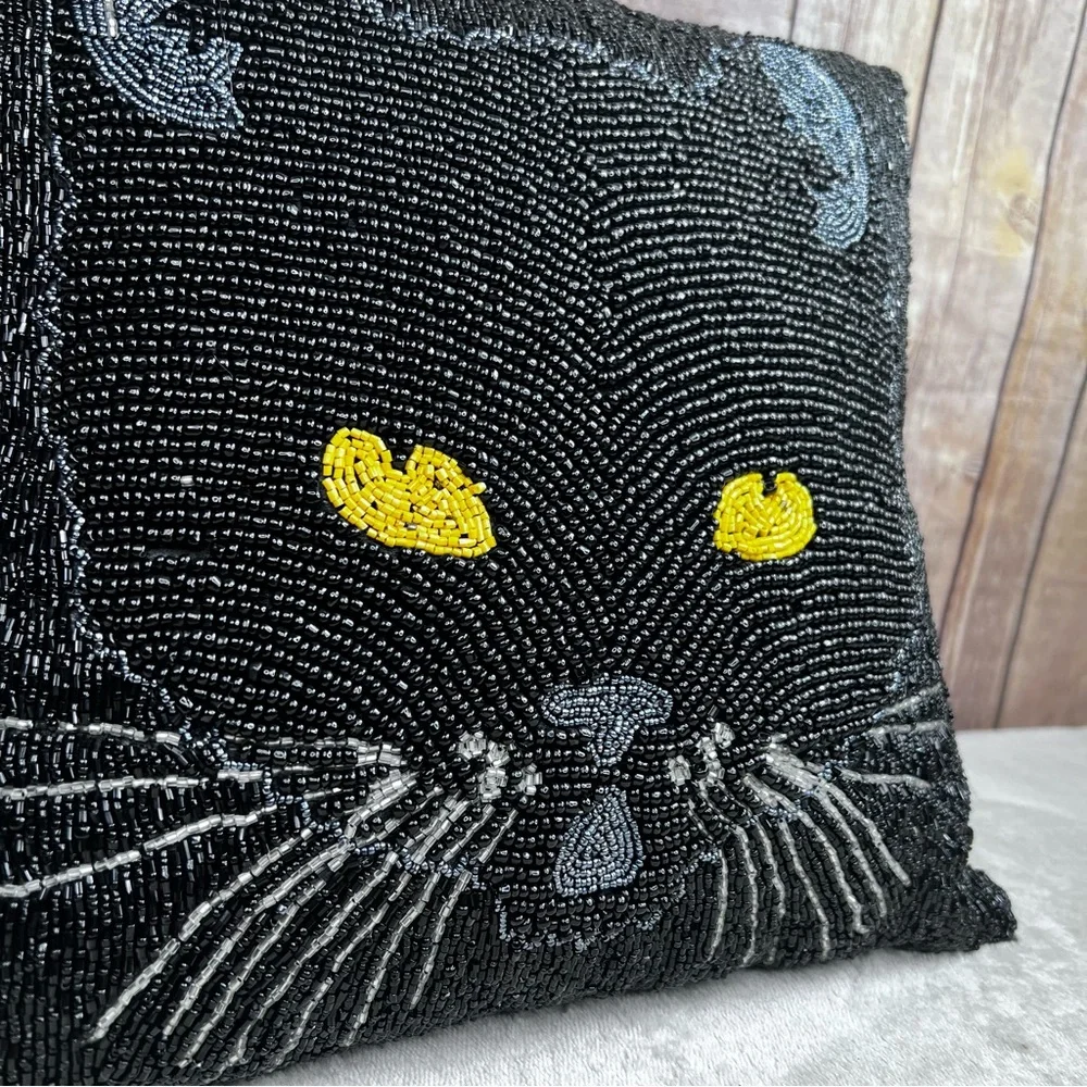 Pier 1 Spooky Black Cat Beaded Accent Pillow Embellished Halloween Goth Whimsy
